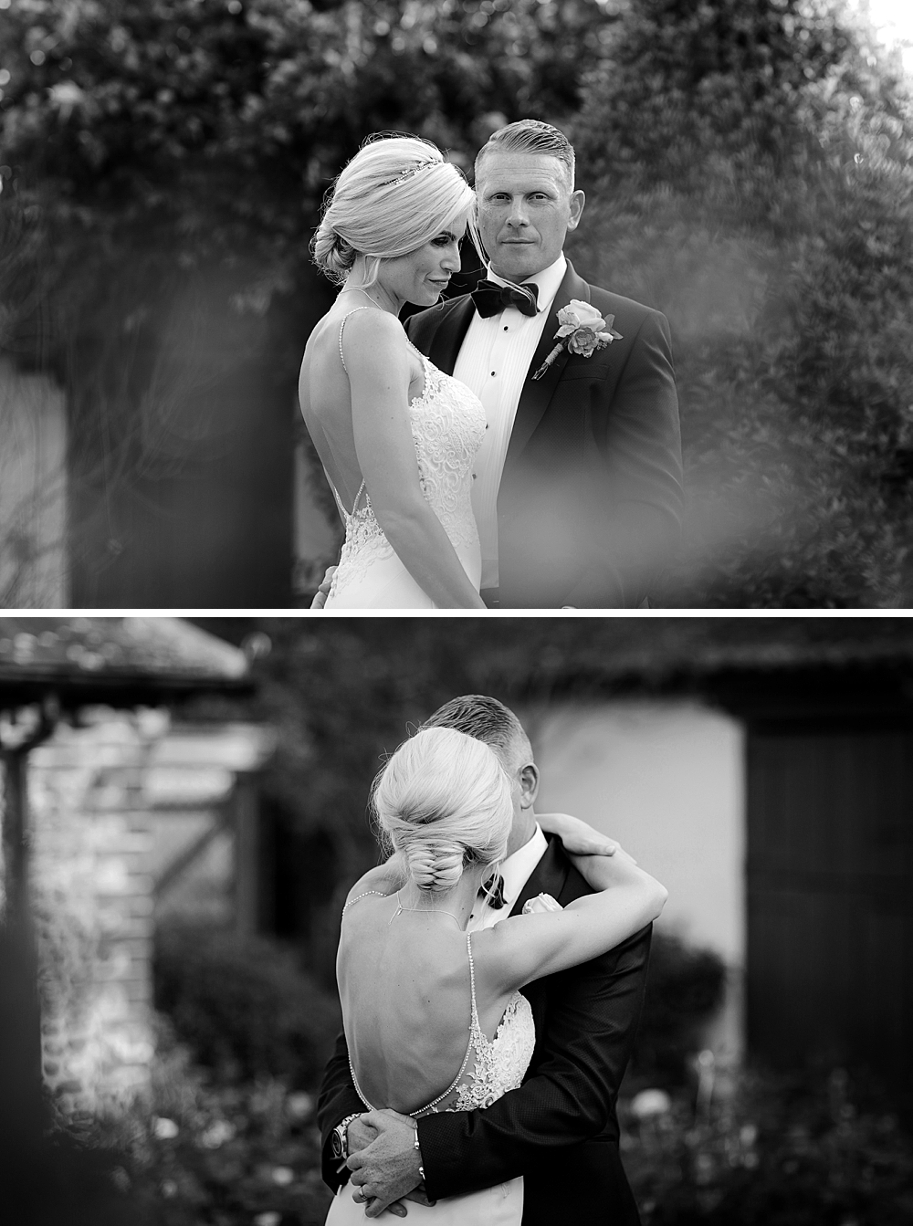 Beautiful black and white wedding photography of bride and groom in the garden posing for their couple portraits on their Southend Barns wedding day