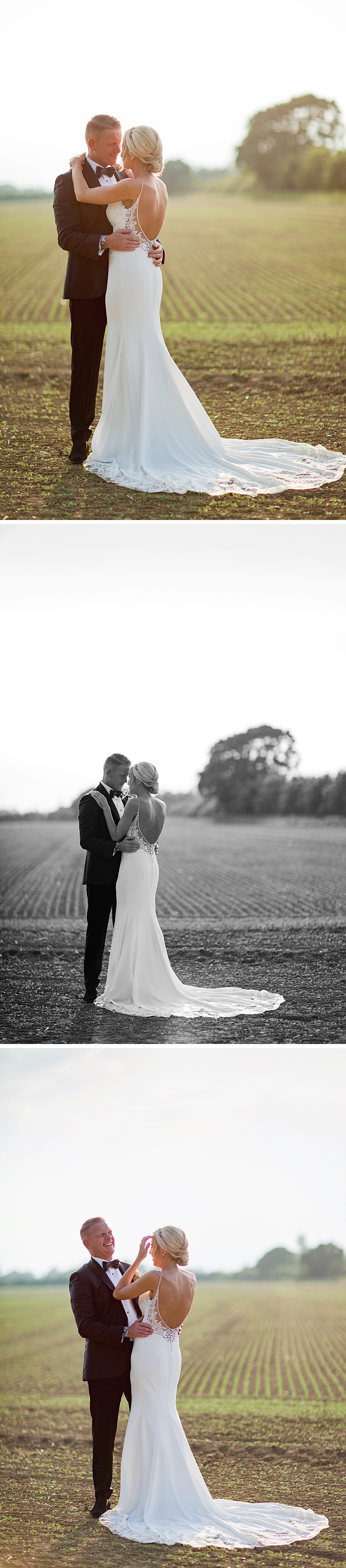Southend Barns wedding day with the bride in Enzoani dress and groom in black tie from moss bros at golden hour having their evening couple portraits